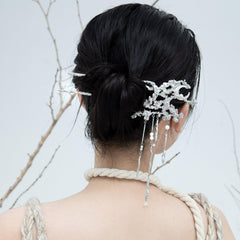1ST XULIE "MYTH OF THE MOON" Celestial Black Moon Shell Tassel Hairpin in Platinum Plated - Side View