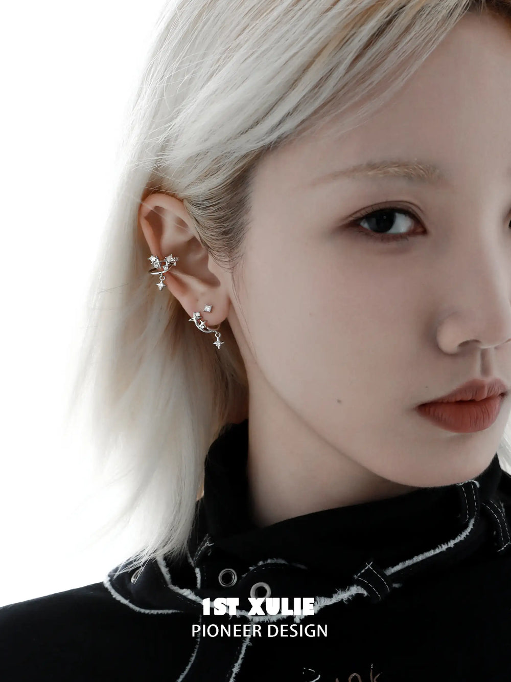 1ST XULIE "Star Trails" Celestial Broken Zirconia Star Ear Clip in Platinum Plated - Detail Shot