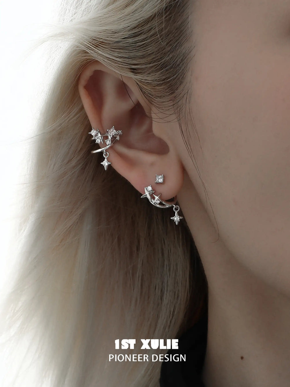 1ST XULIE "Star Trails" Celestial Broken Zirconia Star Ear Clip in Platinum Plated - Lifestyle Shot