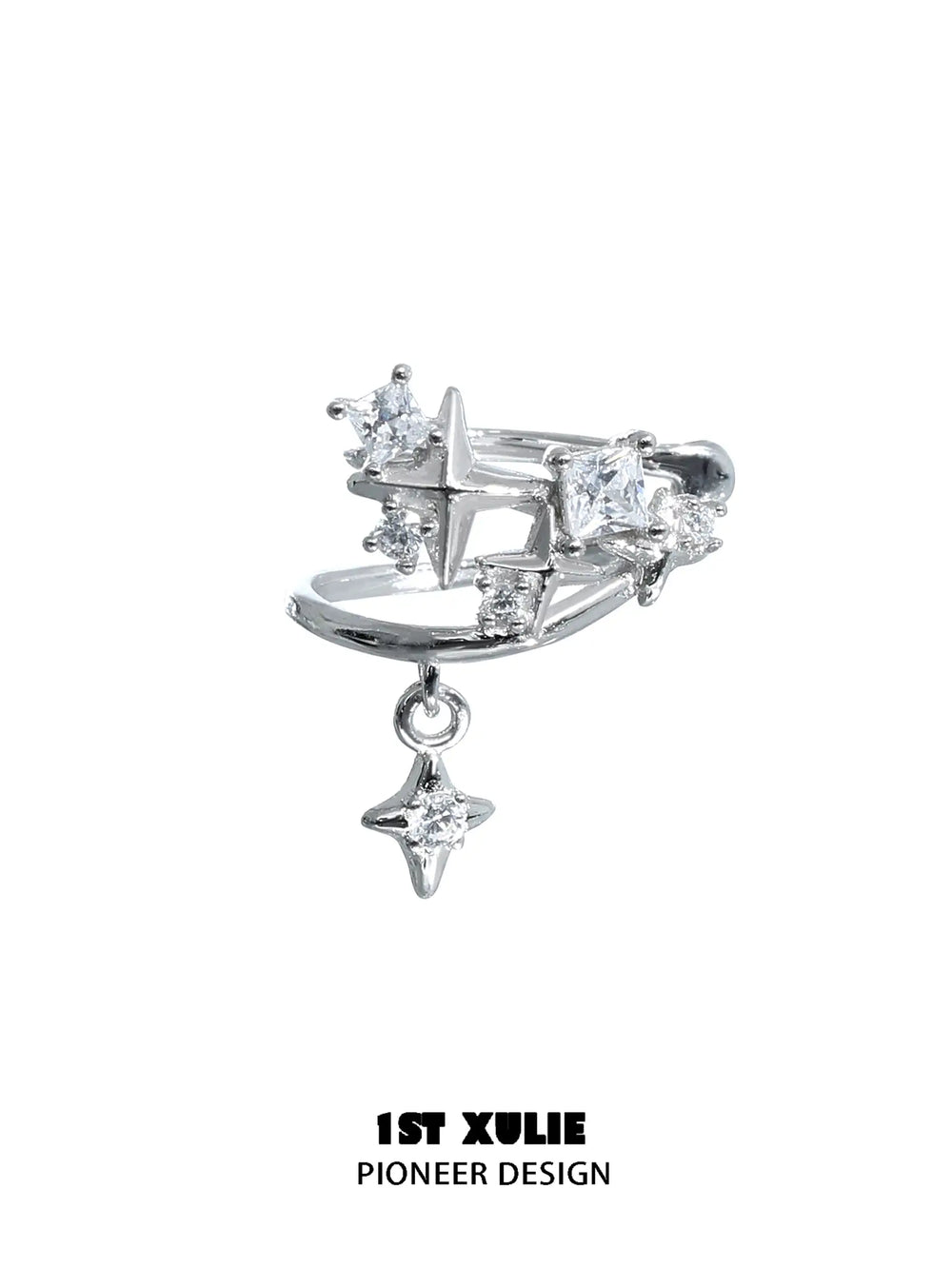 1ST XULIE "Star Trails" Celestial Broken Zirconia Star Ear Clip in Platinum Plated - Product View