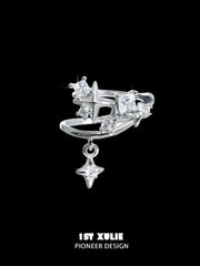 1ST XULIE "Star Trails" Celestial Broken Zirconia Star Ear Clip in Platinum Plated - On Model Detail Shot
