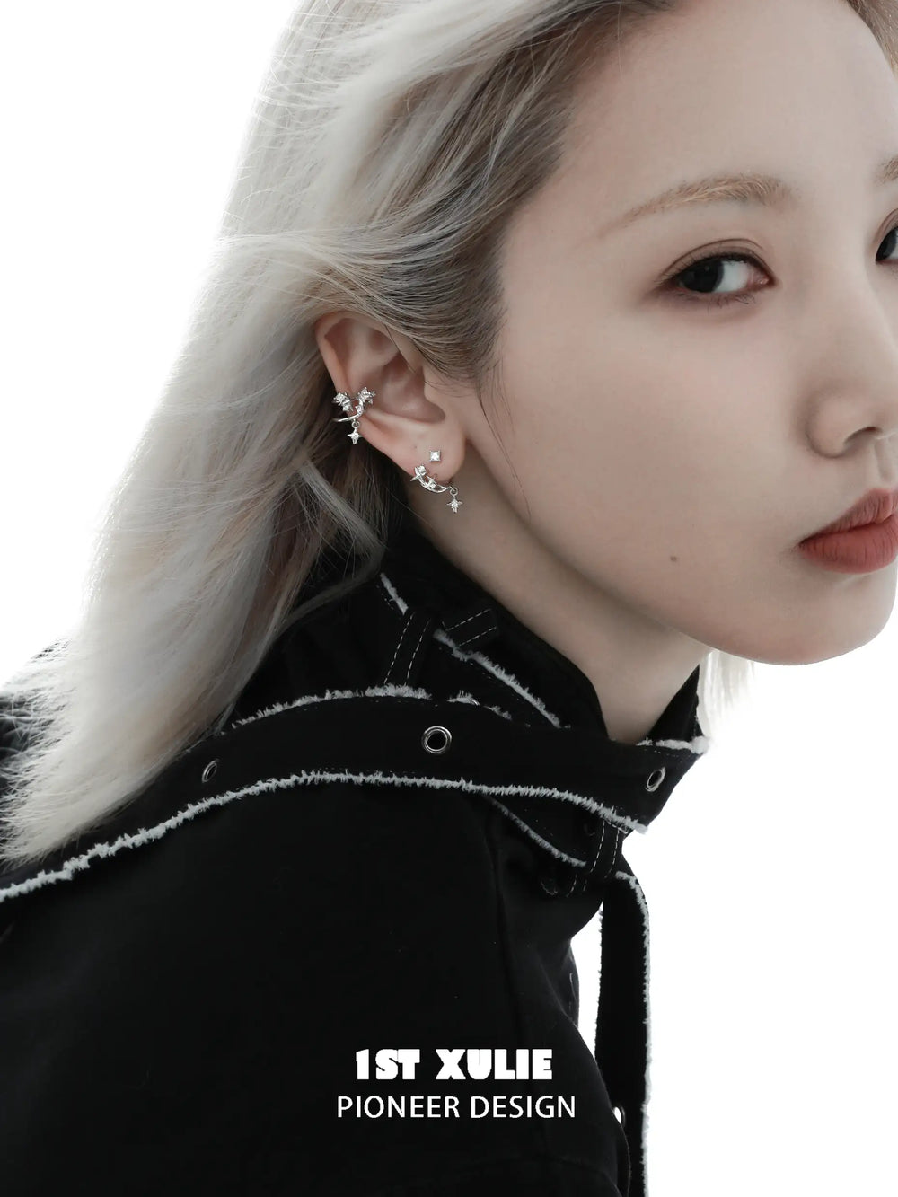 1ST XULIE "Star Trails" Celestial Broken Zirconia Star Ear Clip in Platinum Plated - Side View