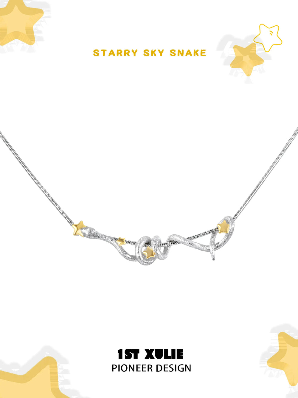 1ST XULIE "Starry Sky Snake" Celestial Coiled Snake Pendant Necklace in Platinum & 18K Gold Plate - Product View