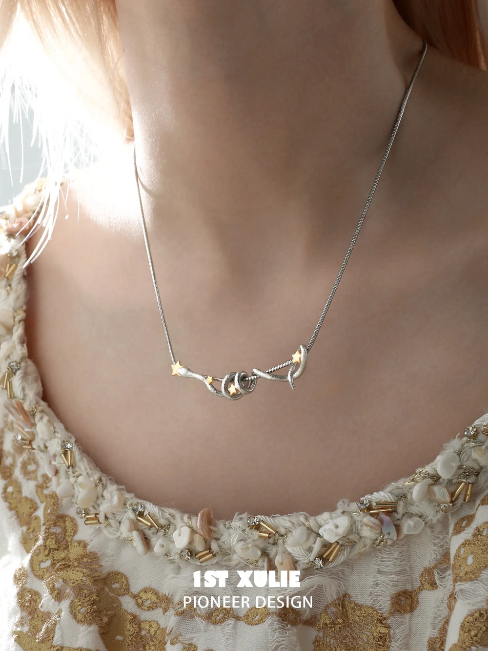 1ST XULIE "Starry Sky Snake" Celestial Coiled Snake Pendant Necklace in Platinum & 18K Gold Plate - On Model