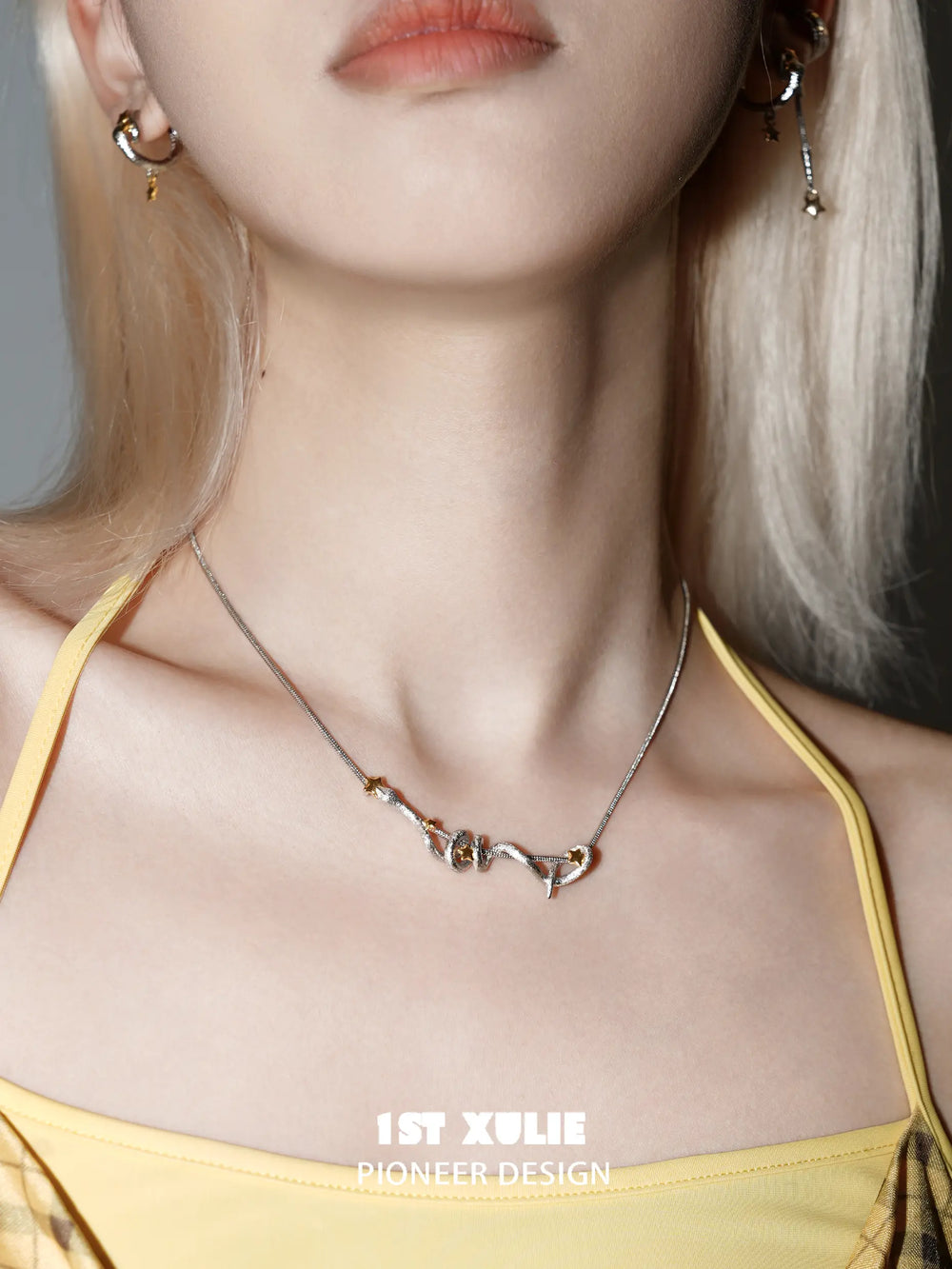 1ST XULIE "Starry Sky Snake" Celestial Coiled Snake Pendant Necklace in Platinum & 18K Gold Plate - On Model Close Up