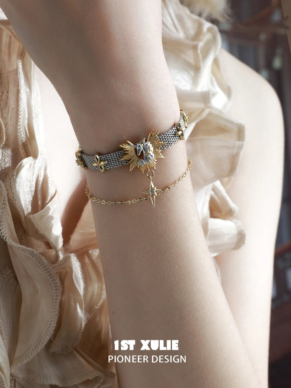 1ST XULIE "DREAM HORSE" Celestial Dream Unicorn Bracelet in 18K Gold & Platinum Plating - Side View