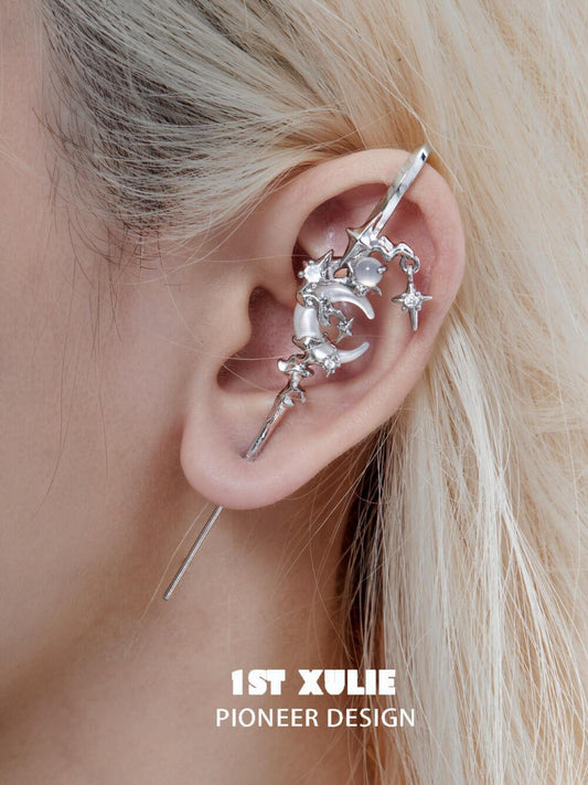 1ST XULIE "MYTH OF THE MOON" Statement Celestial Moon Dangle Needle Piercing Earrings in 925 Sterling Silver - Product View