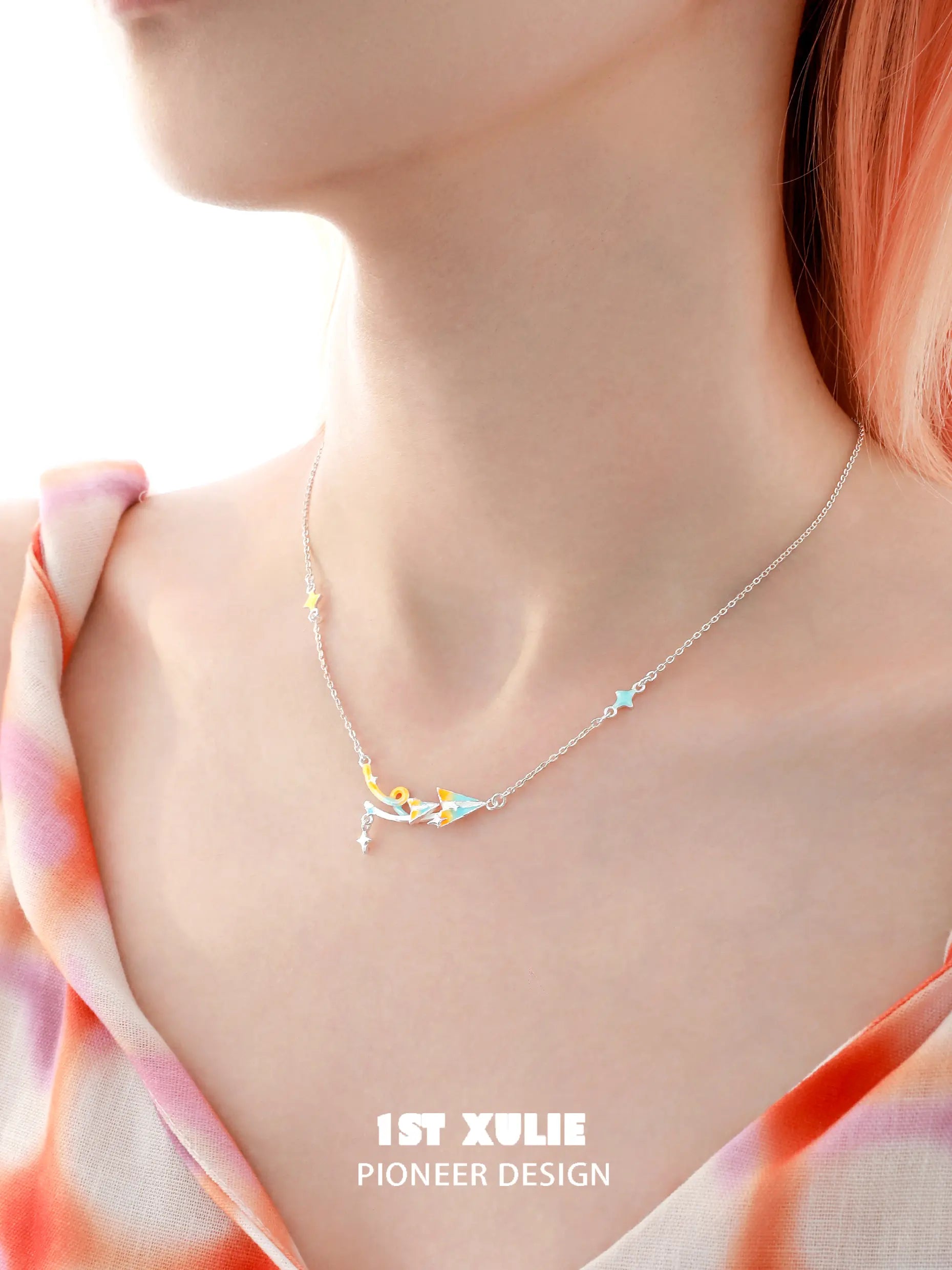 1ST XULIE "Juicy Flight" Dainty Celestial Paper Airplane & Star Pendant Necklace in 925 Sterling Silver - Lifestyle Shot 1ST XULIE "Juicy Flight" Dainty Celestial Paper Airplane & Star Pendant Necklace in 925 Sterling Silver - Lifestyle Shot