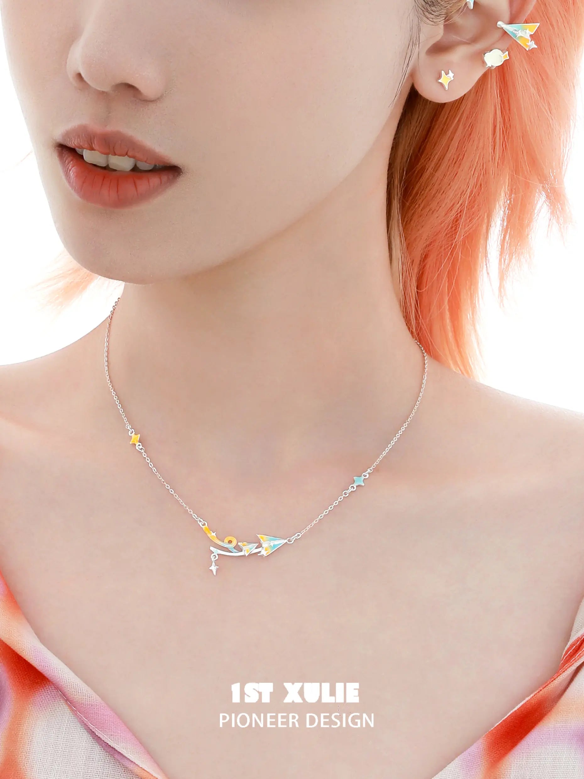 1ST XULIE "Juicy Flight" Dainty Celestial Paper Airplane & Star Pendant Necklace in 925 Sterling Silver - On Model 1ST XULIE "Juicy Flight" Dainty Celestial Paper Airplane & Star Pendant Necklace in 925 Sterling Silver - On Model