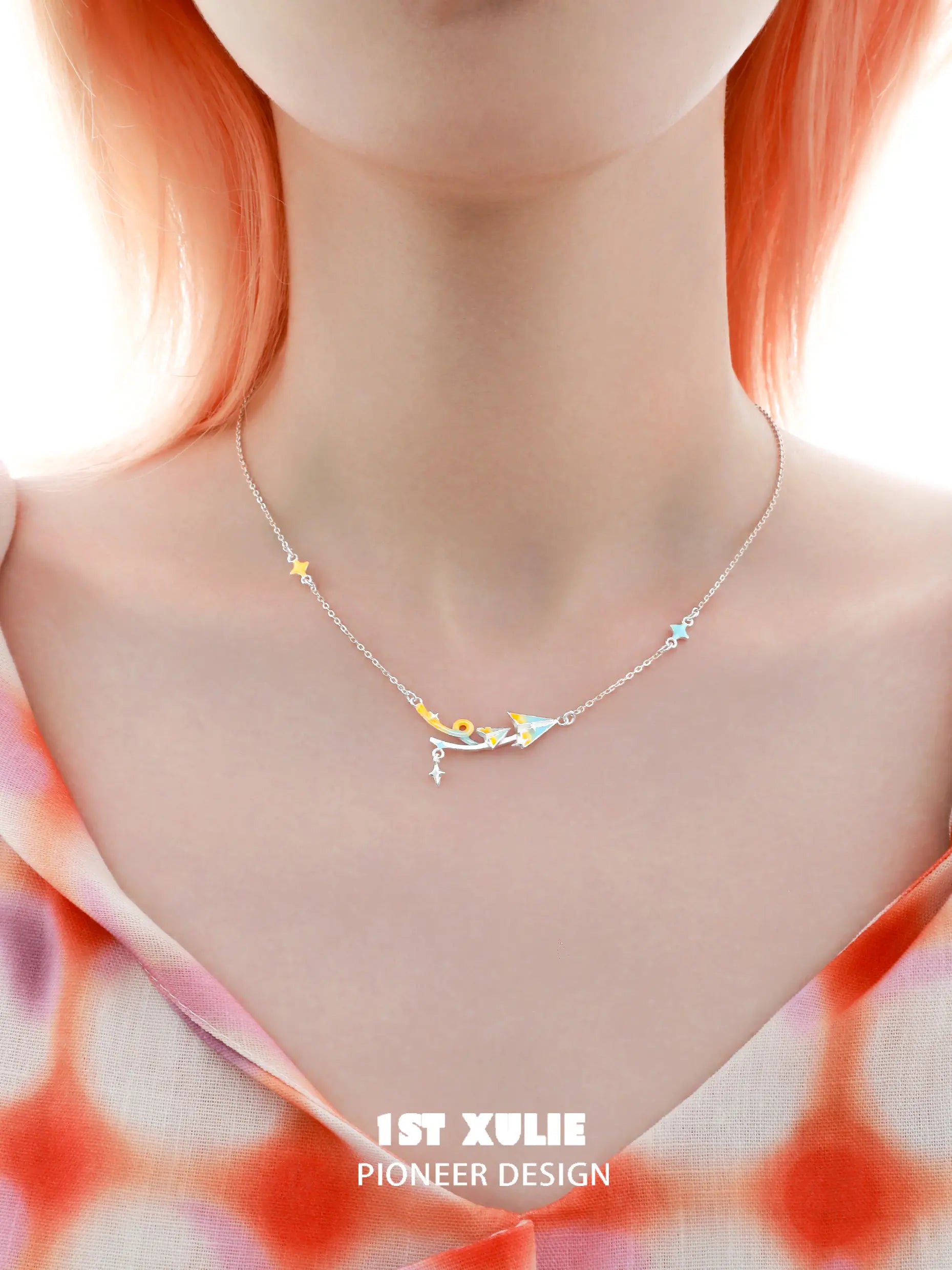 1ST XULIE "Juicy Flight" Dainty Celestial Paper Airplane & Star Pendant Necklace in 925 Sterling Silver - Side View 1ST XULIE "Juicy Flight" Dainty Celestial Paper Airplane & Star Pendant Necklace in 925 Sterling Silver - Side View
