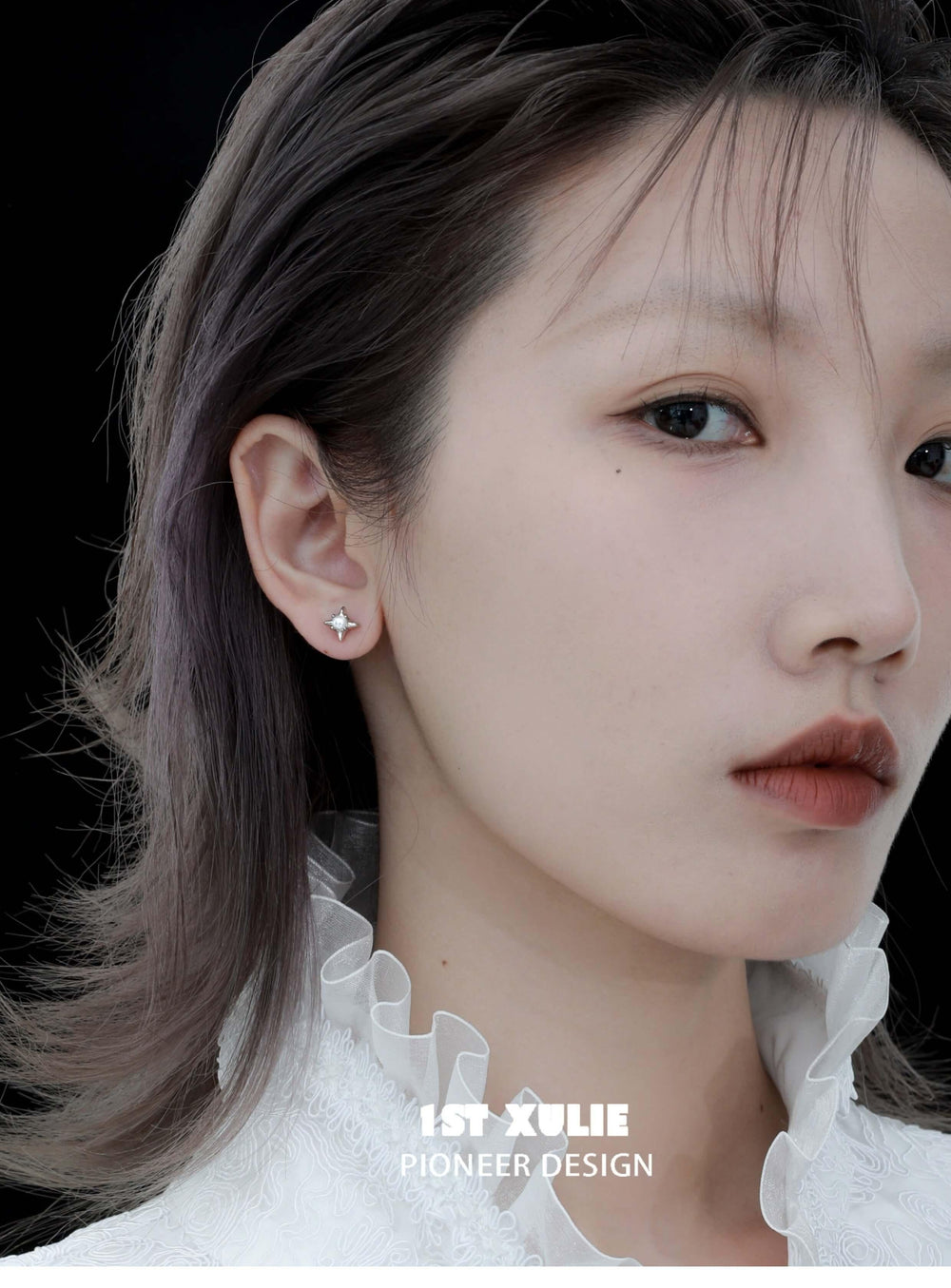 1ST XULIE "Star Trails" Celestial Shell Bead Stud Earrings in Platinum Plated 925 Sterling Silver - Detail Shot