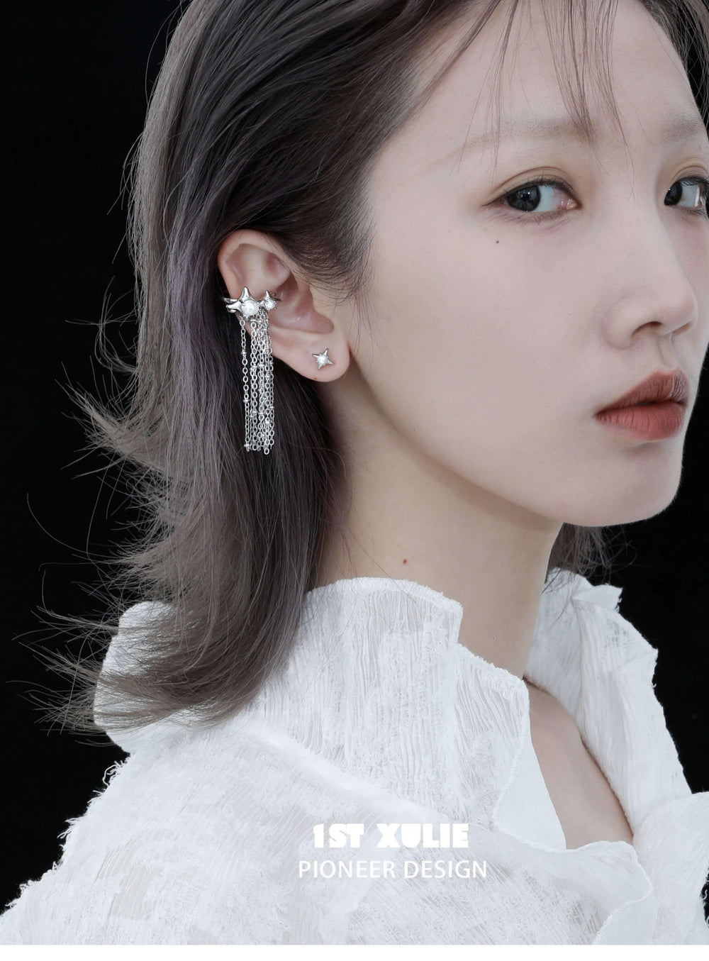 1ST XULIE "Star Trails" Celestial Shell Bead Stud Earrings in Platinum Plated 925 Sterling Silver - Lifestyle Shot