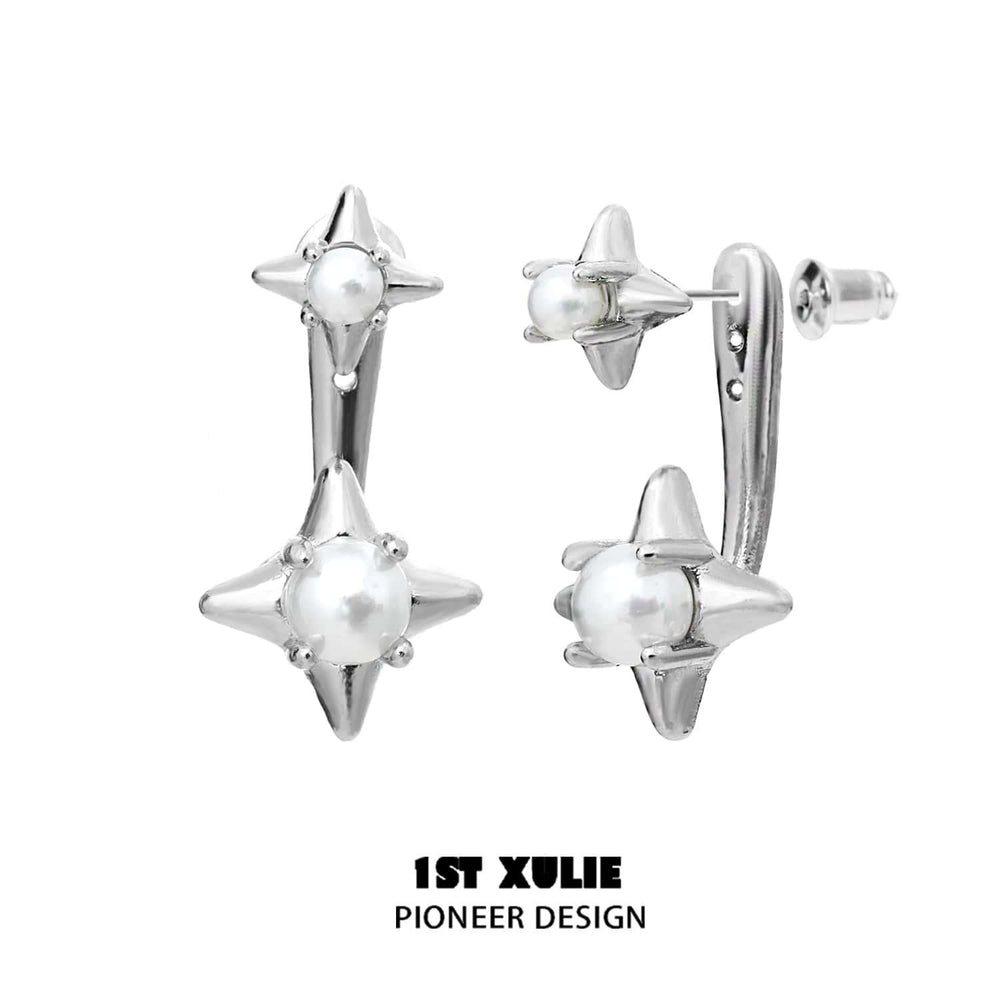 1ST XULIE "Star Trails" Celestial Shell Bead Stud Earrings in Platinum Plated 925 Sterling Silver - Product View