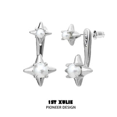 1ST XULIE "Star Trails" Celestial Shell Bead Stud Earrings in Platinum Plated 925 Sterling Silver - Product View