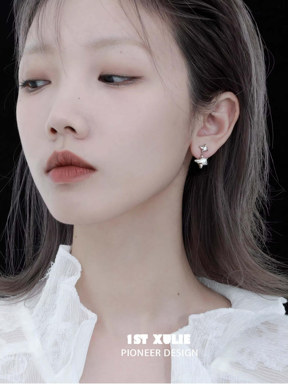 1ST XULIE "Star Trails" Celestial Shell Bead Stud Earrings in Platinum Plated 925 Sterling Silver - On Model