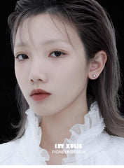 1ST XULIE "Star Trails" Celestial Shell Bead Stud Earrings in Platinum Plated 925 Sterling Silver - On Model Close-Up