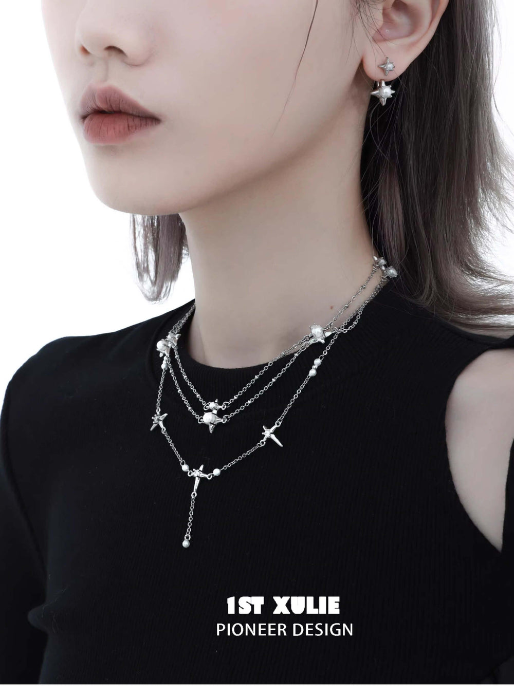 1ST XULIE "Star Trails" Celestial Shell Bead Stud Earrings in Platinum Plated 925 Sterling Silver - Side View