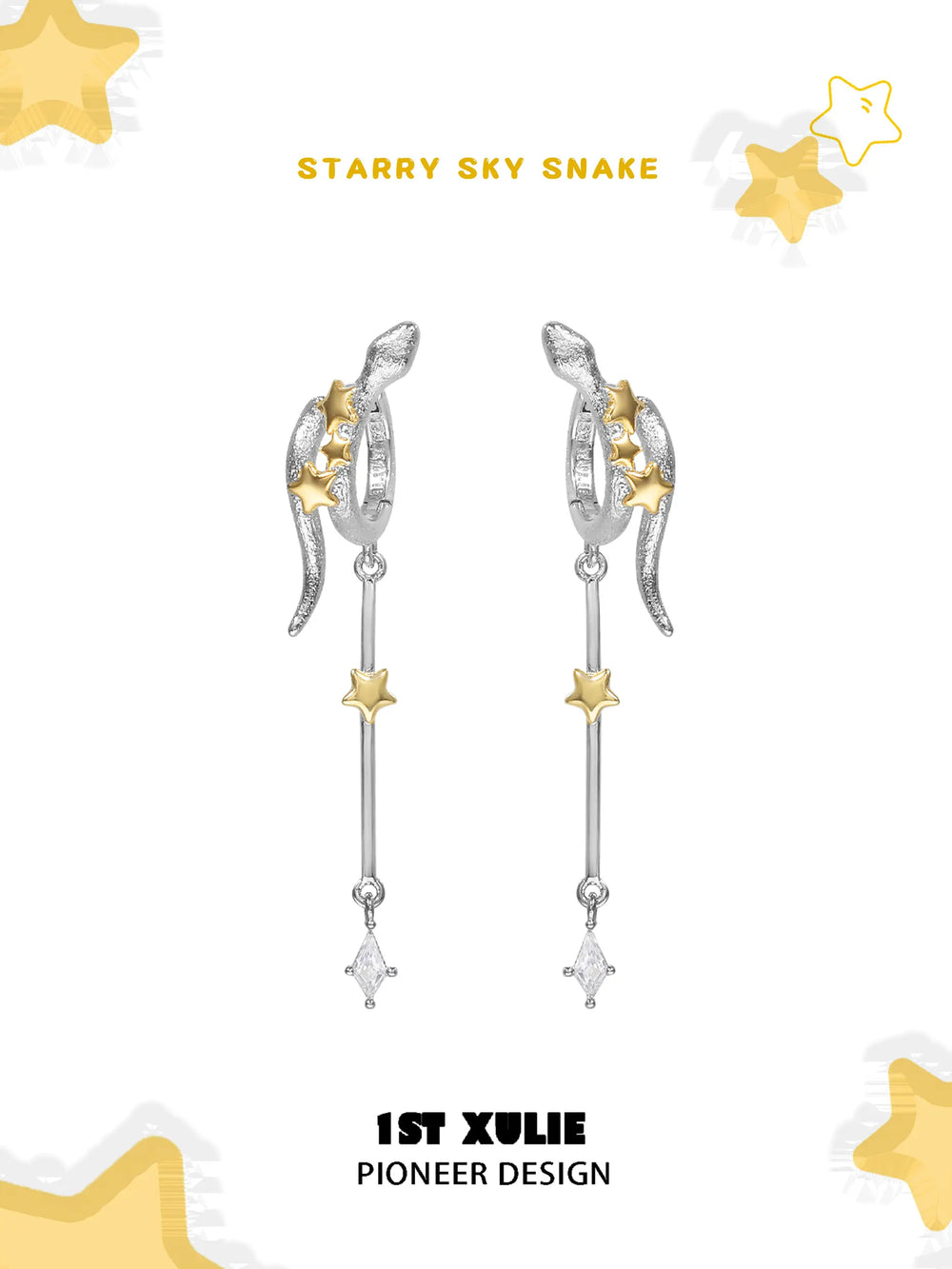1ST XULIE "Starry Sky Snake" Celestial Snake & Star Dangle Earrings in 18K Gold & Platinum Plating - Product View