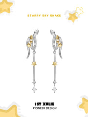 1ST XULIE "Starry Sky Snake" Celestial Snake & Star Dangle Earrings in 18K Gold & Platinum Plating - Product View