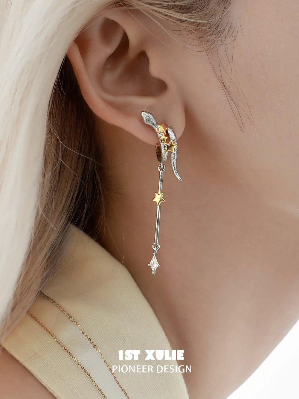 1ST XULIE "Starry Sky Snake" Celestial Snake & Star Dangle Earrings in 18K Gold & Platinum Plating - On Model