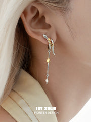 1ST XULIE "Starry Sky Snake" Celestial Snake & Star Dangle Earrings in 18K Gold & Platinum Plating - On Model