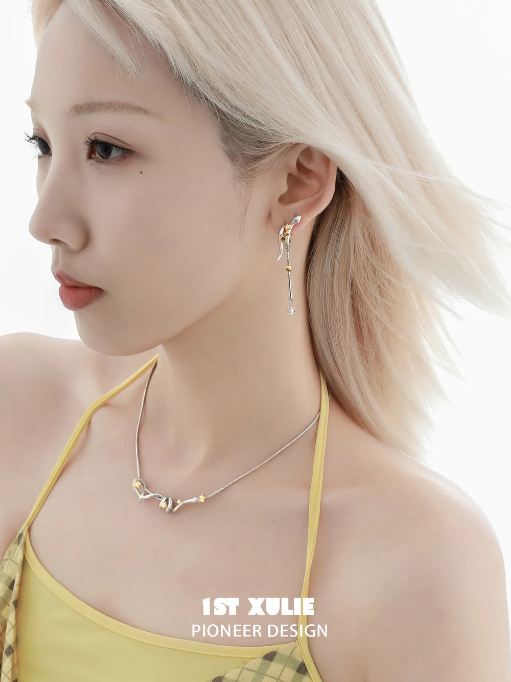 1ST XULIE "Starry Sky Snake" Celestial Snake & Star Dangle Earrings in 18K Gold & Platinum Plating - On Model Side View