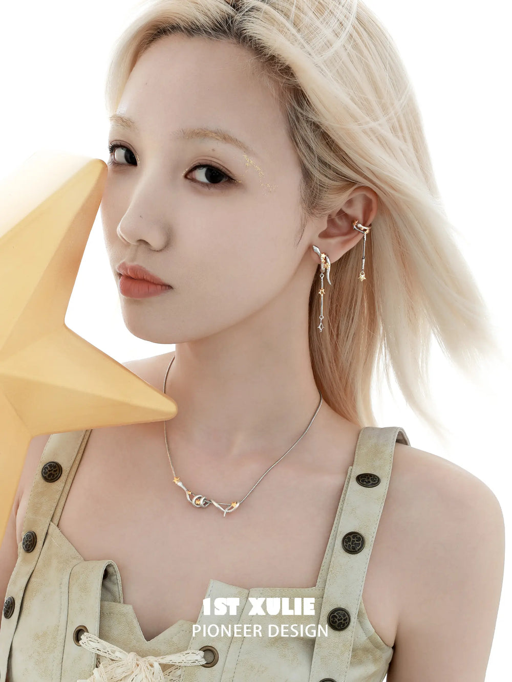 1ST XULIE "Starry Sky Snake" Celestial Snake Dangle Ear Cuffs in Platinum & 18K Gold - Side View