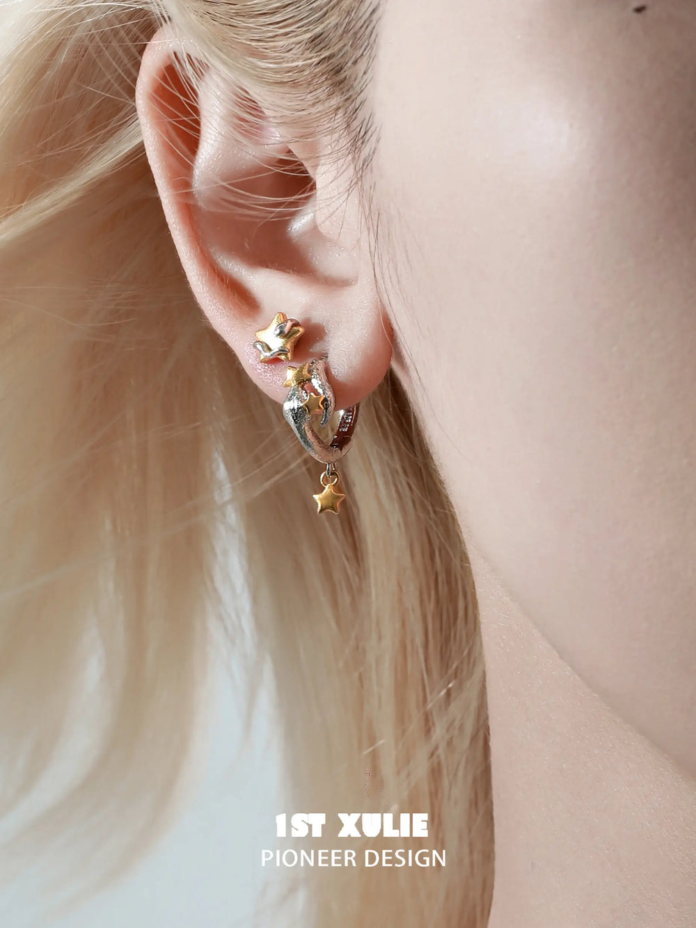 1ST XULIE "Starry Sky Snake" Celestial Snake Dangle Hoop Earrings in Platinum & 18K Gold Plate - Lifestyle Shot