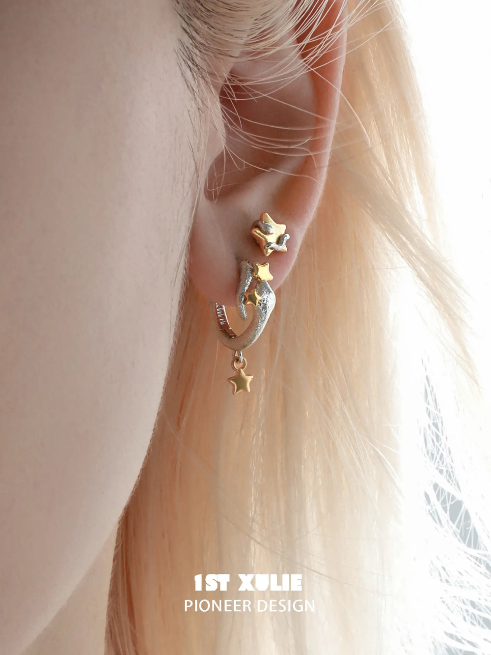 1ST XULIE "Starry Sky Snake" Celestial Snake Dangle Hoop Earrings in Platinum & 18K Gold Plate - Close-up On Model