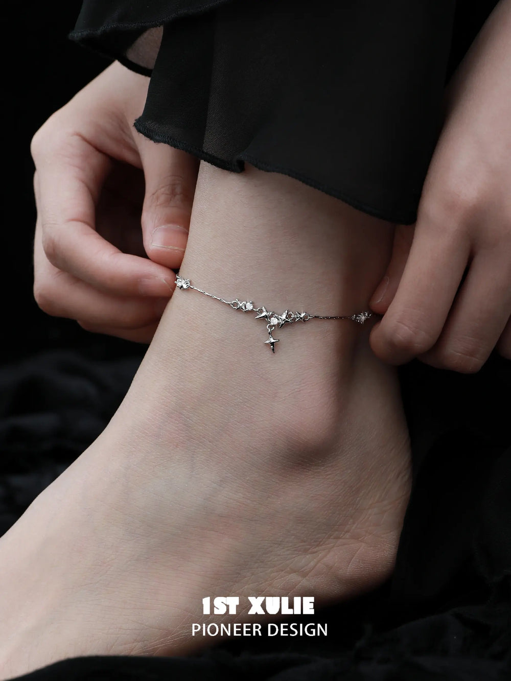 1ST XULIE "Star Trails" Dainty Celestial Star Trails Anklet in 925 Sterling Silver - On Model