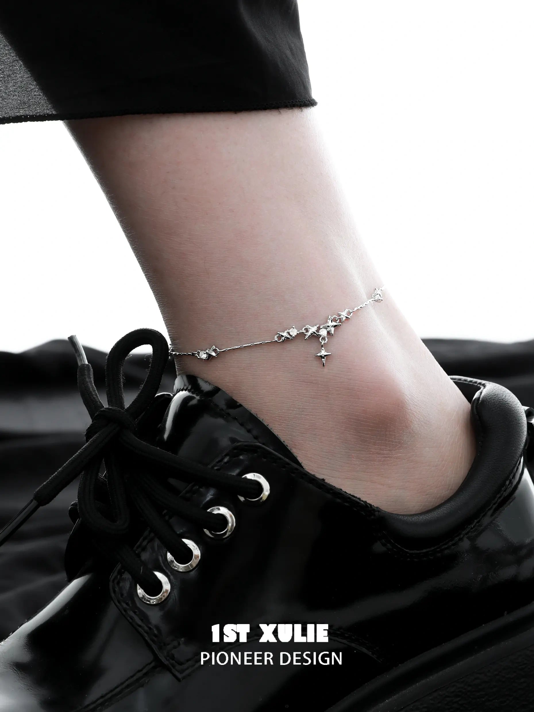1ST XULIE "Star Trails" Dainty Celestial Star Trails Anklet in 925 Sterling Silver - Side View 1ST XULIE "Star Trails" Dainty Celestial Star Trails Anklet in 925 Sterling Silver - Side View