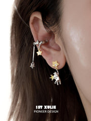 1ST XULIE "CAT'S GAZE" Celestial Star Dangle Ear Clips in Platinum Plated - Detail Shot