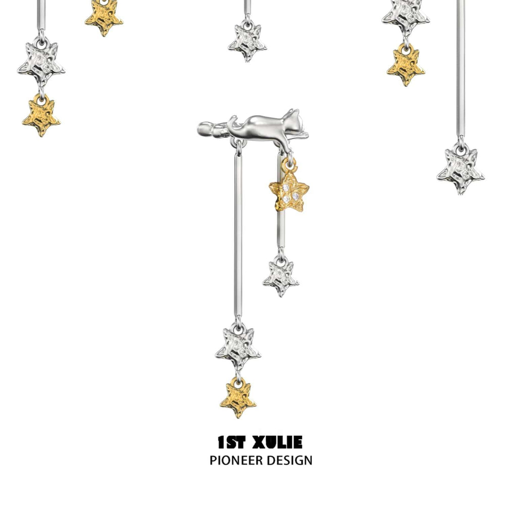 1ST XULIE "CAT'S GAZE" Celestial Star Dangle Ear Clips in Platinum Plated - Lifestyle Shot