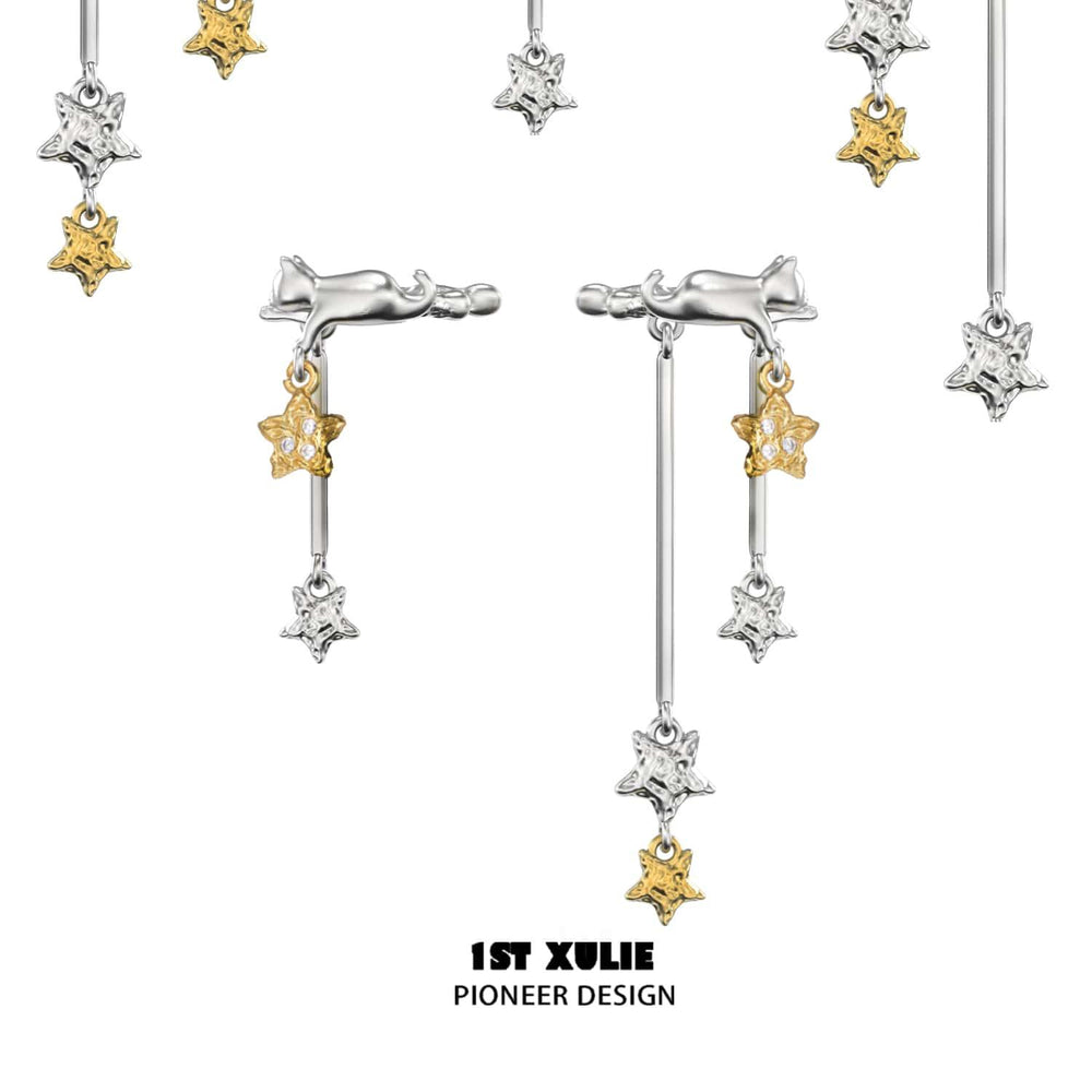 1ST XULIE "CAT'S GAZE" Celestial Star Dangle Ear Clips in Platinum Plated - On Model