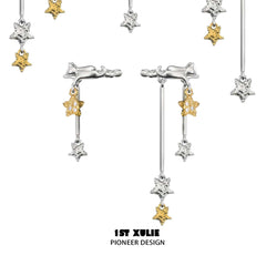 1ST XULIE "CAT'S GAZE" Celestial Star Dangle Ear Clips in Platinum Plated - On Model