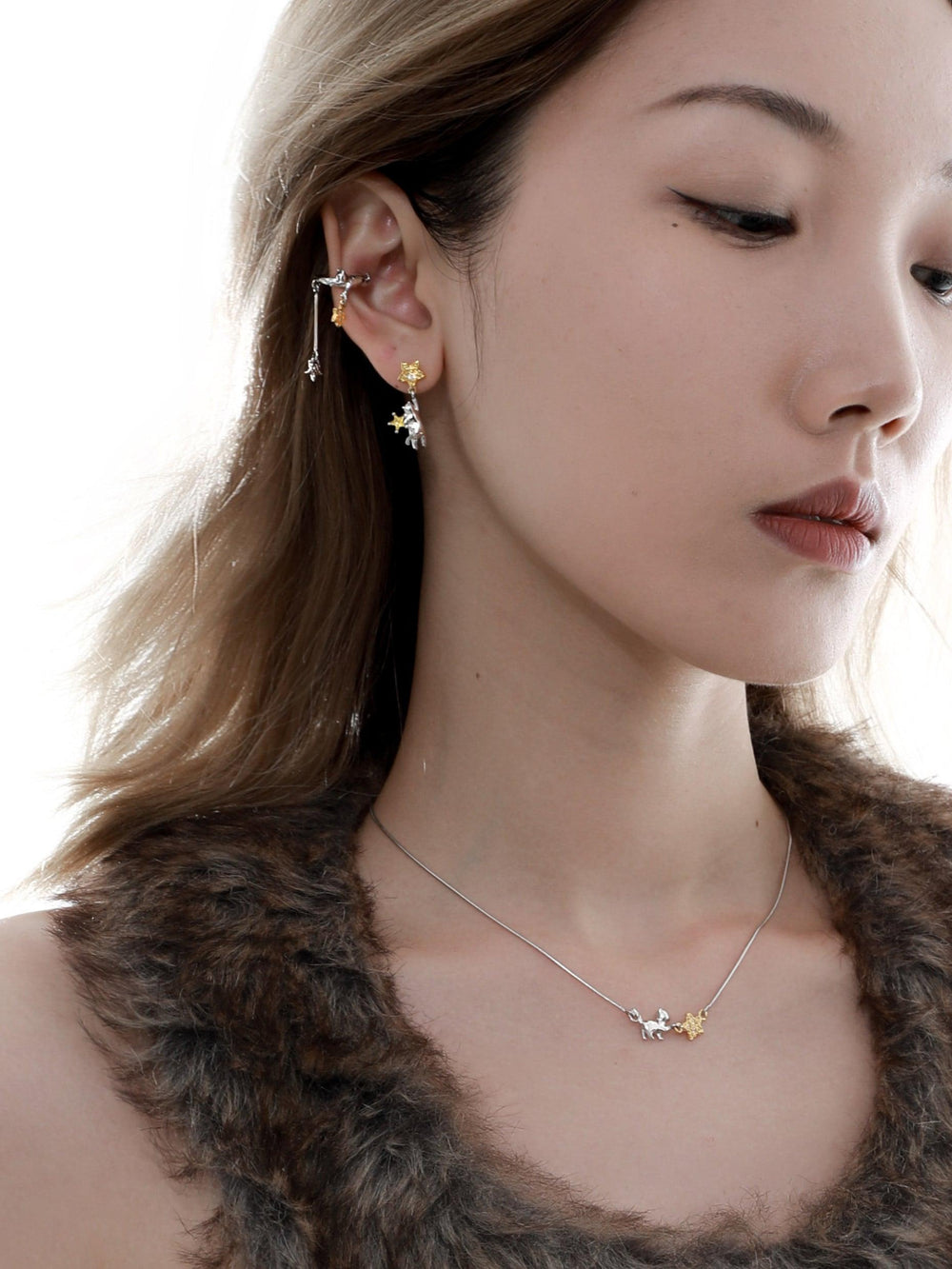 1ST XULIE "CAT'S GAZE" Celestial Star Dangle Ear Clips in Platinum Plated - Side View