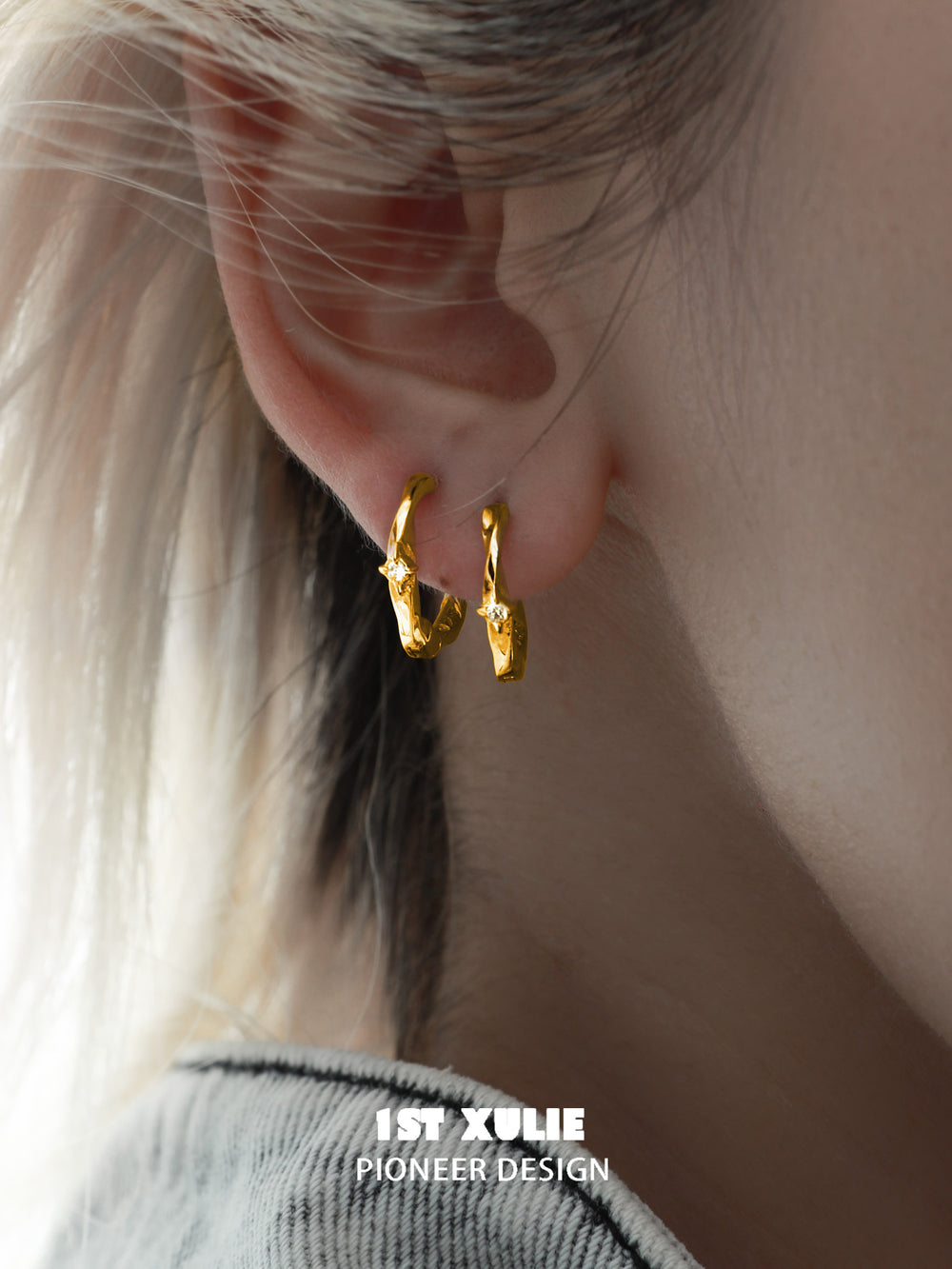 1ST XULIE "Silver Angel" Celestial Star Huggie Hoop Earrings in 24K Gold Plated S925 Sterling Silver - Detail Shot