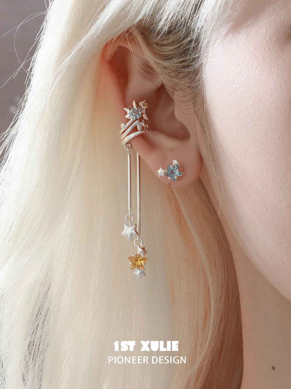 1ST XULIE Jewelry "WISHING STAR" Zirconia Celestial Star Non-Pierced Ear Cuffs - On Model