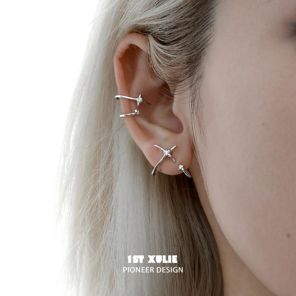 1ST XULIE "Star Trails" Celestial Star Orbit Ear Clips in 925 Sterling Silver - Lifestyle Shot