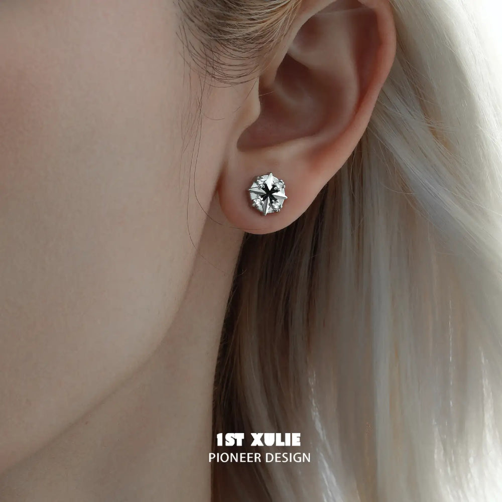1ST XULIE "Star Trails" Gothic Four-Pointed Star Celestial Stud Earrings in 925 Sterling Silver - Detail Shot