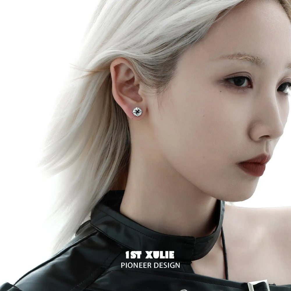 1ST XULIE "Star Trails" Gothic Four-Pointed Star Celestial Stud Earrings in 925 Sterling Silver - Lifestyle Shot