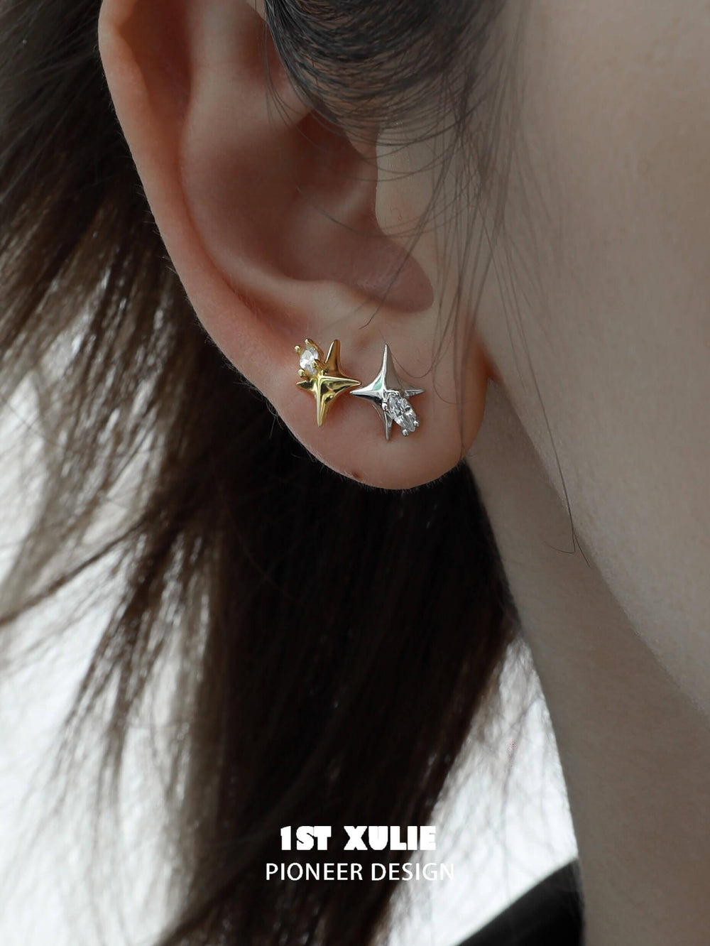 1ST XULIE "Cat's Gaze" Dainty Celestial Star Stud Earrings in 925 Sterling Silver - Product View