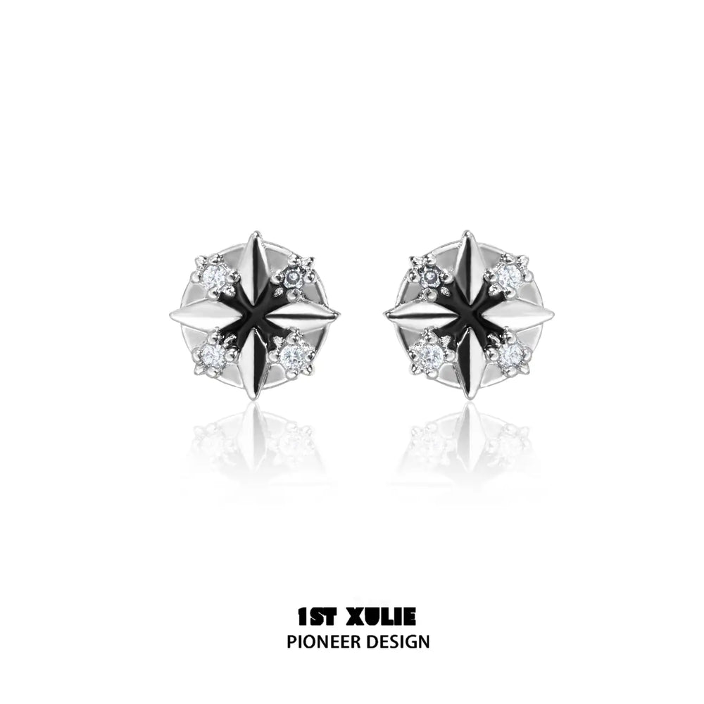 1ST XULIE "Star Trails" Gothic Four-Pointed Star Celestial Stud Earrings in 925 Sterling Silver - Product View