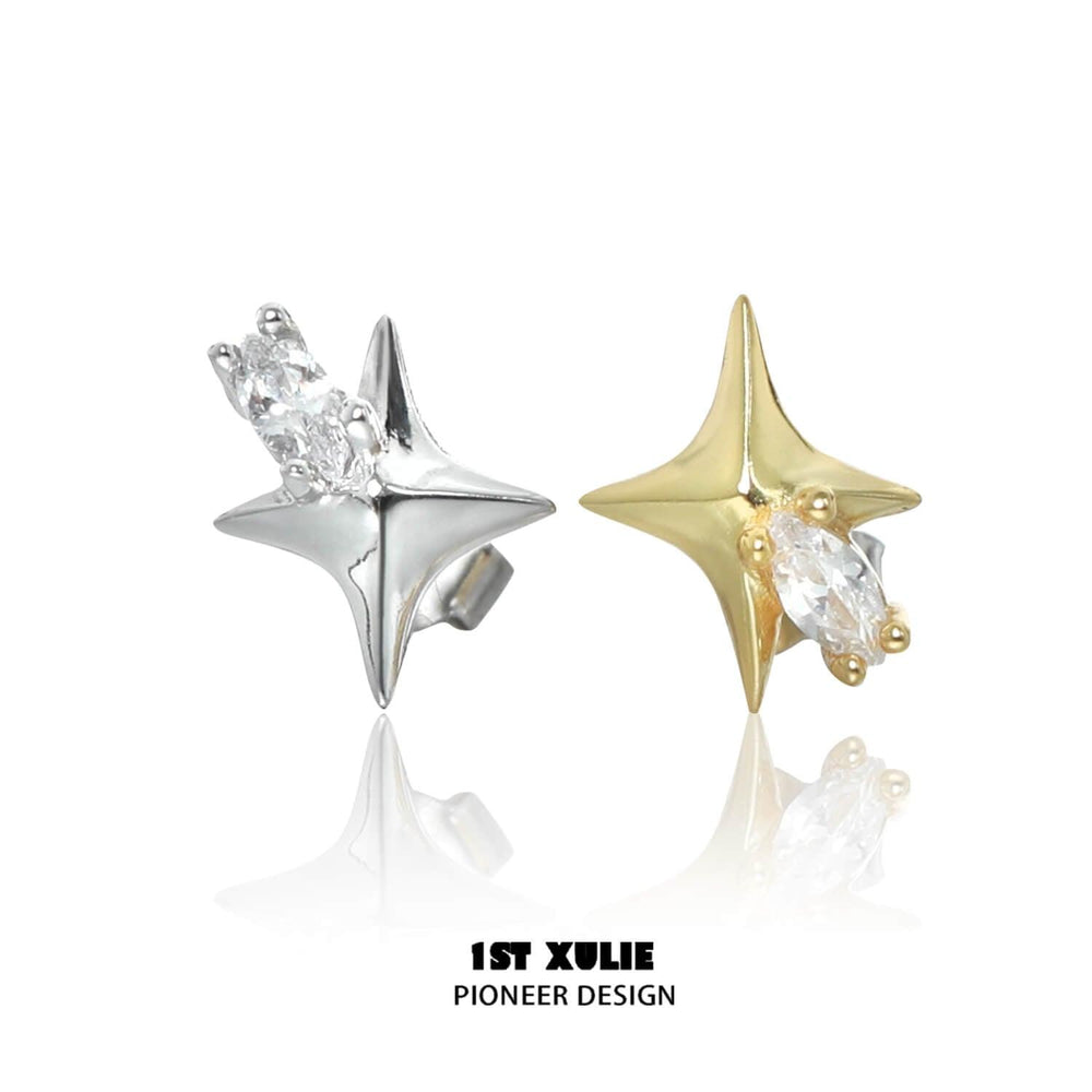 1ST XULIE "Cat's Gaze" Dainty Celestial Star Stud Earrings in 925 Sterling Silver - On Model Close-up