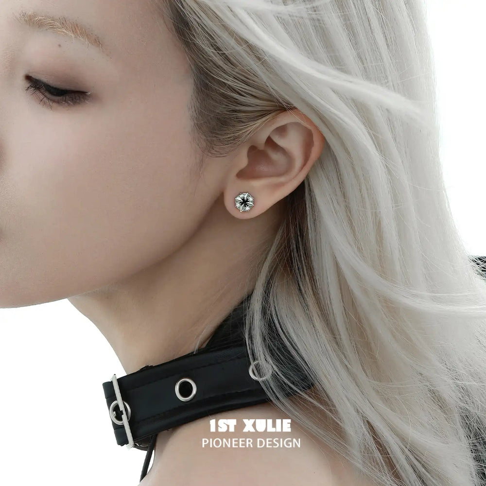 1ST XULIE "Star Trails" Gothic Four-Pointed Star Celestial Stud Earrings in 925 Sterling Silver - On Model Close-Up