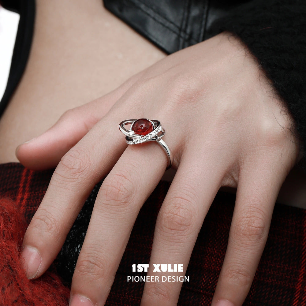 1ST XULIE "Red Nebula" Celestial Statement Adjustable Open Ring in 925 Sterling Silver - Side View