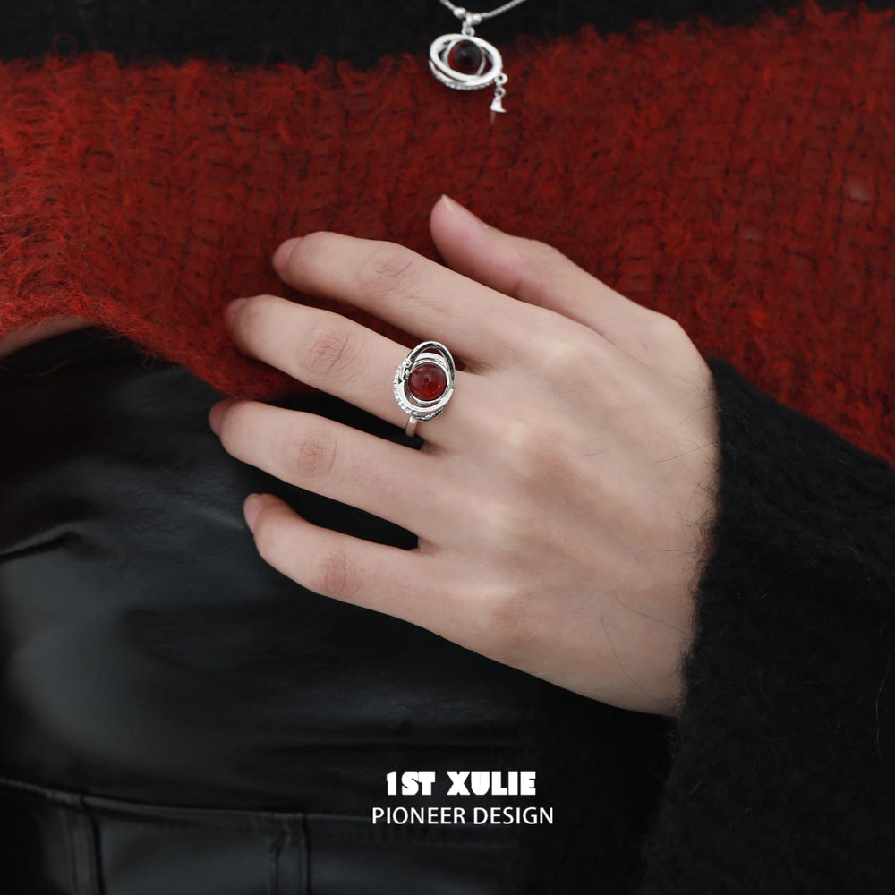 1ST XULIE "Red Nebula" Celestial Statement Adjustable Open Ring in 925 Sterling Silver - Detail Shot