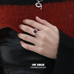 1ST XULIE "Red Nebula" Celestial Statement Adjustable Open Ring in 925 Sterling Silver - Detail Shot