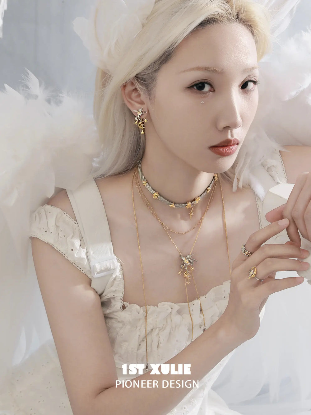 1ST XULIE "DREAM HORSE" Celestial Unicorn Lariat Necklace in 18K Gold & Platinum Plating - Side View