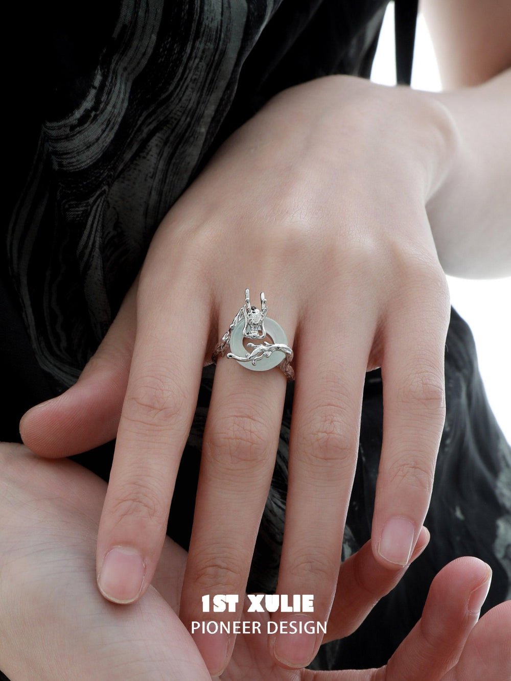 1ST XULIE "Loong" Sculptural Statement Dragon Flow Open Ring in S925 Sterling Silver - Side View